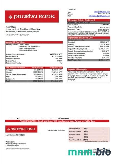 Nepal Prabhu Bank wyciąg z kredytu hipotecznego szablon Word i PDF